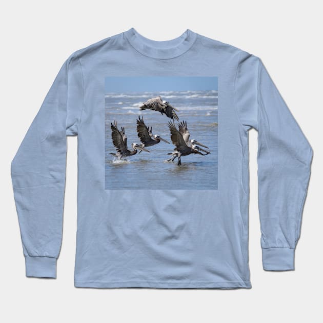 Brown Pelicans Take Flight Long Sleeve T-Shirt by Debra Martz